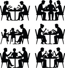 Family Dinner Vector Icons – Togetherness & Dining Silhouettes Family Eating Together Silhouette Set – Warm Meal Time Icons Pack