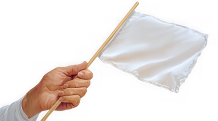 A hand holds up a white flag on a wooden pole, isolated on transparent background, as a symbol of surrender