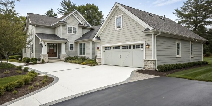 Curved Concrete Driveway and Gray Farmhouse Exterior, architectural design, landscaping, home exterior, driveway design. Home Exterior Design, Driveway Design
