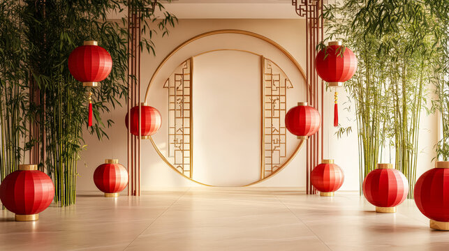 Room with a large round wall and a lot of red lanterns hanging from the ceiling. The room is empty and has a very elegant and sophisticated feel to it