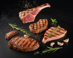 Grill Pork Chops Beef steaks, realistic 3d brisket flying in the air, grilled meat collection, ultra realistic, icon, detailed, angle view food photo, steak composition