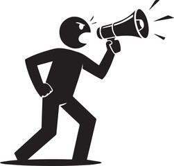 A stick figure is shouting into a megaphone isolated on white background