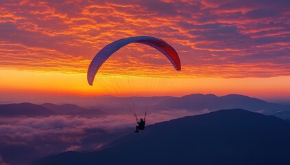 Paraglider soaring above misty mountain peaks at sunrise. A vibrant, fiery sunrise paints the clouds with orange and red hues. A silhouette of a paraglider and pilot floats above the peaks,