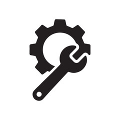 Solid Black Gear and Wrench Icon Vector for Settings, Repair, Maintenance, Tools, System Configuration, and Technical Support Design Concepts