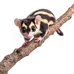 Image of a cute sugar glider on a tree branch isolated on a white background. Cute exotic animals. Beautiful and colorful pets on a white background.