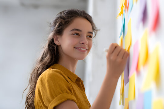 Girl smiling while writing on sticky notes. Creative brainstorming and planning. Cheerful and focused moment.