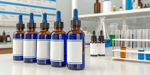 Five Blue Reagent Bottles in Lab, Dropper, Chemistry, Laboratory Setup, Experiment, Science Laboratory supplies, Chemical Research