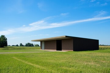 Obraz premium Modern architecture stands out against a clear blue sky in an expansive rural landscape featuring a minimalist building surrounded by lush green fields during daytime