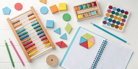 Flatlay of Colorful Educational Toys and Notebook, Abacus, Geometry, Preschool, Learning Preschool, Education