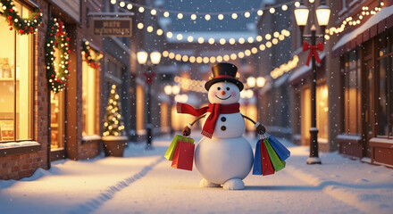 Snowman doing holiday shopping in a festive street with illuminated shop windows and christmas lights for winter celebration.