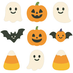 Obraz premium Cute Halloween Vector Icon Set — Ghosts, Pumpkins, Bats, and Candy Corn