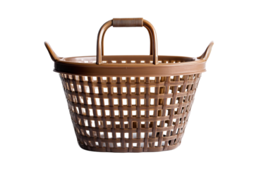Isolated brown plastic basket with handle on white