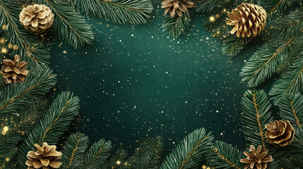Green background with pine needles and gold pine cones. The pine needles are arranged in a way that they look like they are snowing