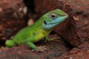 Fototapeta premium Dynamic small green lizard on rusted rock basking spot 