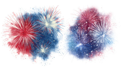 Two colorful fireworks explosions in red, white, and blue isolated on transparent background