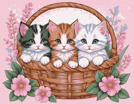 lustraci&oacute;n vectorial 10 colores la conmovedora imagen de dos adorables gatitos acurrucados en una cesta tejida rodeada de flores rosas.