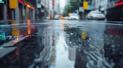 Wet asphalt on a street reflects the lights of cars and neon signs in the center of a beautiful city