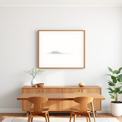 mockup frame wall art in dining room aesthetic design picturesque pastel tones mid-century modern style 3d rendered scene above buffet textured plaster wall elegant home decor print on demand image
