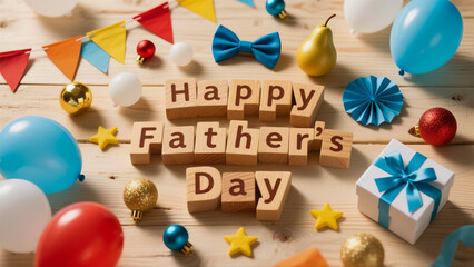 Happy fathers day celebration with balloons and gifts on wooden background