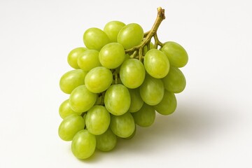 There are two bunches of green grapes with bright leaves on a white background. Fresh berries create an appetizing appearance, emphasizing the naturalness and juiciness of the fruit.
