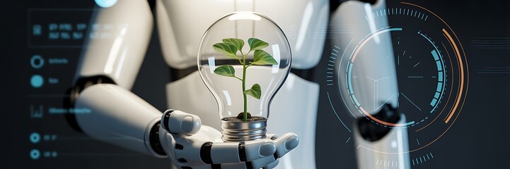 Robot holding plant in lightbulb with digital interface