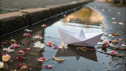 White Paper Boat on Water Surrounded by Flowers