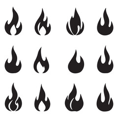 Collection of twelve stylized black flame icons on a white background