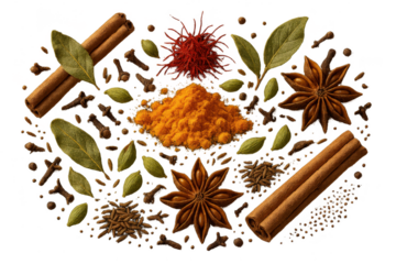 Various aromatic spices on transparent background, including cinnamon sticks
