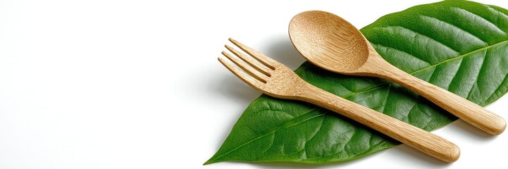 Eco friendly bamboo fork and spoon placed on a fresh green leaf over a white background with copy space for text. Concept of sustainability, zero waste, and natural living