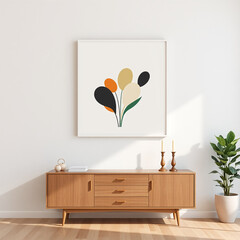 Mockup of Empty Frame in Dining Room Interior Stylish A2 Landscape Wall Art Above Buffet Textured Plaster Wall Pastel Tones Mid Century Modern Design 3D Render for Print on Demand Decor