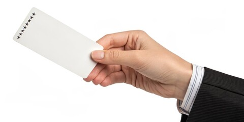Obraz premium Hand Holding Blank Card Close-up Composition, White Background, Business Concept, Card Mockup, Loyalty Program Card mockup, loyalty program