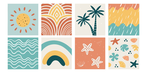 Obraz premium Set of eight minimalist vector illustrations with sun, palm trees, waves, and starfish