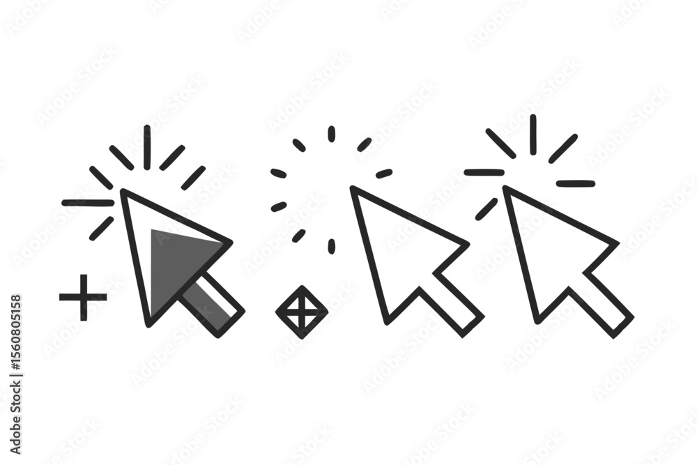 Fototapete set of three cursor icons with radiating lines and a plus symbol