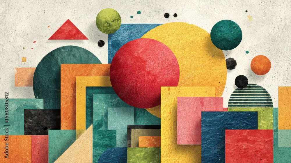 Poster bold geometric shapes in various colors and sizes create an engaging visual composition. the texture