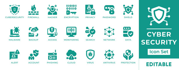 Cyber Security Icon Set. Features icons of data protection, firewall, encryption, password, privacy, and hacking. Perfect for IT, cybersecurity, and digital businesses.