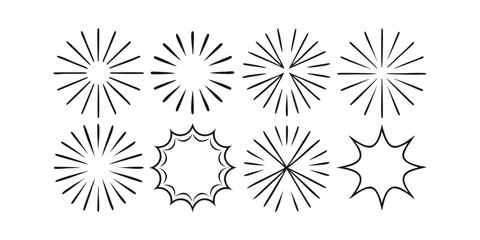 Eight Handdrawn Burst Shapes with Radial Lines on a Comic Book Style sunburst starburst