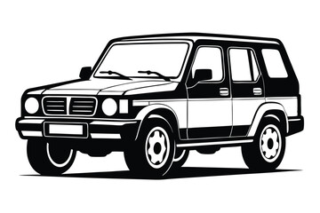 Black and White Illustration of Classic OffRoad Vehicle with Visible Front and Side Details