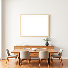 mockup of a wall art frame in a dining room showcasing modern design with textured plaster wall in pastel tones ideal for print on demand mid-century modern aesthetic perfect for home decor display