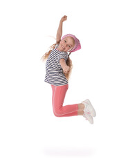 Cute little girl dancing on white background