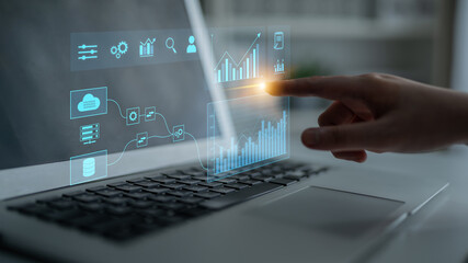 Data flow from database and cloud to processing and analytics dashboards, representing data...