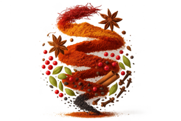 Assorted spices arrangement, isolated on transparent background, colorful layers