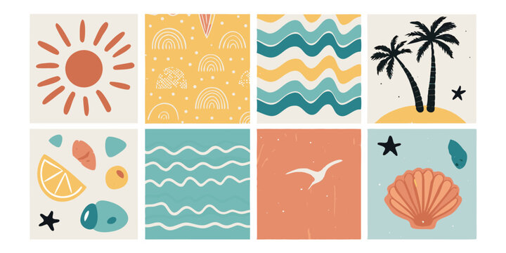 Tropical vector icons set sun waves palm trees seashell starfish fruit