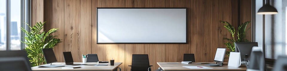 A modern office setting with a focus on a large whiteboard 