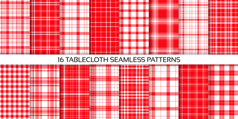 Check red tablecloth. Plaid seamless pattern. Checkered background. Set tartan kitchen prints. Vichy gingham cloth textures. Christmas cotton fabric. Collection textile backdrops. Vector illustration.