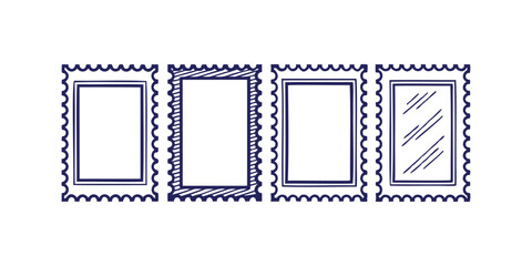 Four navy blue handdrawn postage stamp frames with scalloped edges interiors on a
