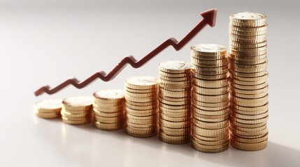 Stacks of gold coins increase in height from left to right, symbolizing financial growth. A red upward arrow emphasizes the positive trend in investments and profits.