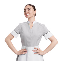 Portrait of happy chambermaid on white background
