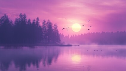Fototapeta premium Misty lake sunrise, vibrant purple hues. Forest silhouettes meet tranquil water. Birds fly across the pastel sky