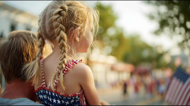 Celebration: happy child on father's shoulders with American flag colors