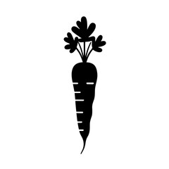 Minimalist black silhouette of a carrot with leafy top on white background